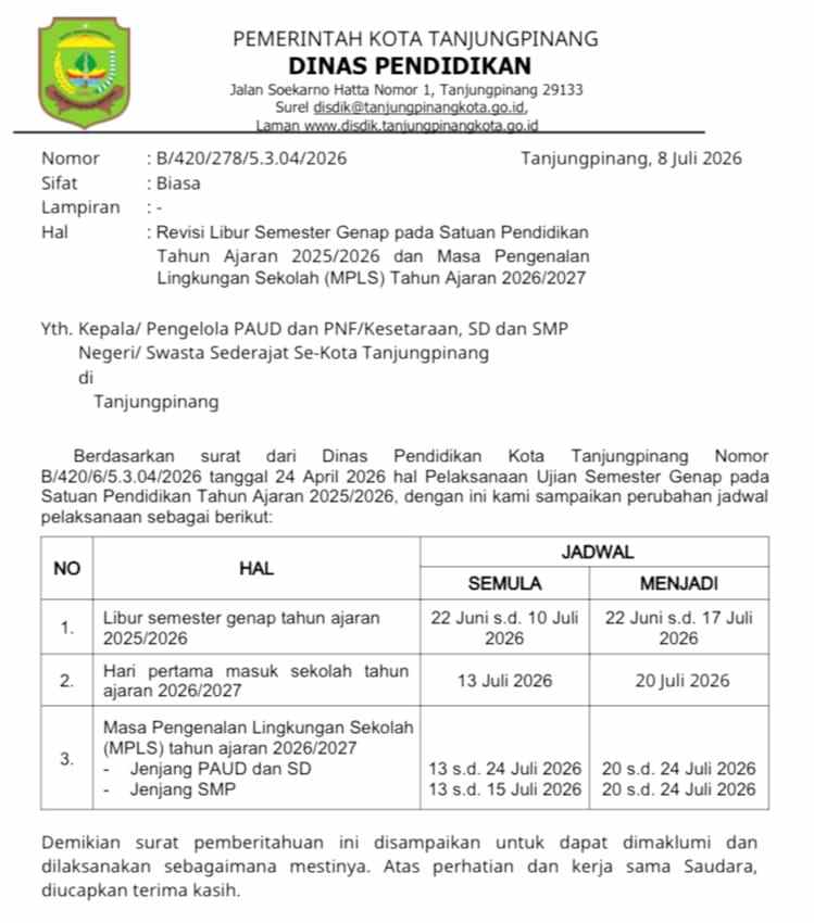 Libur Sekolah di Tanjungpinang Diperpanjang, Siswa Mulai Masuk 20 Juli 2026