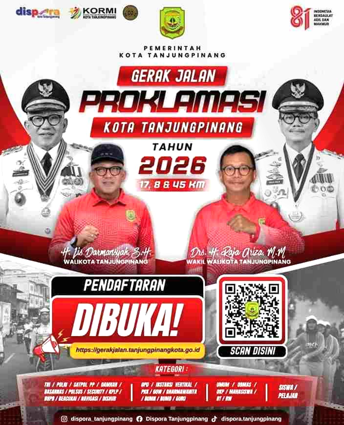 Pendaftaran Gerak Jalan Proklamasi Tanjungpinang 2026 Dibuka Online, Ini Cara Mengikutinya