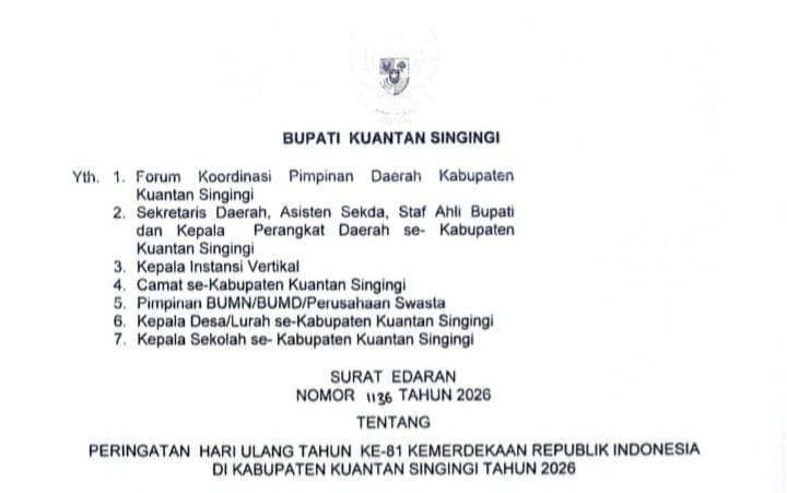 Plt Bupati Kuansing Terbitkan Surat Edaran HUT ke-81 RI, Warga Diminta Kibarkan Merah Putih