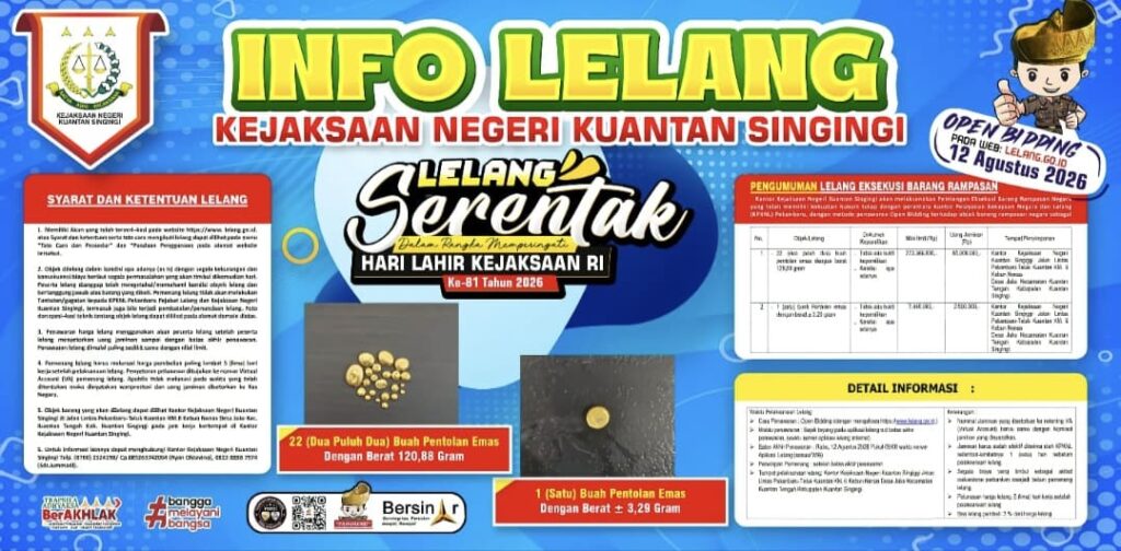 Kejari Kuansing Gelar Lelang Barang Rampasan Negara, Tawarkan Emas Senilai Rp280 Juta pada 12 Agustus