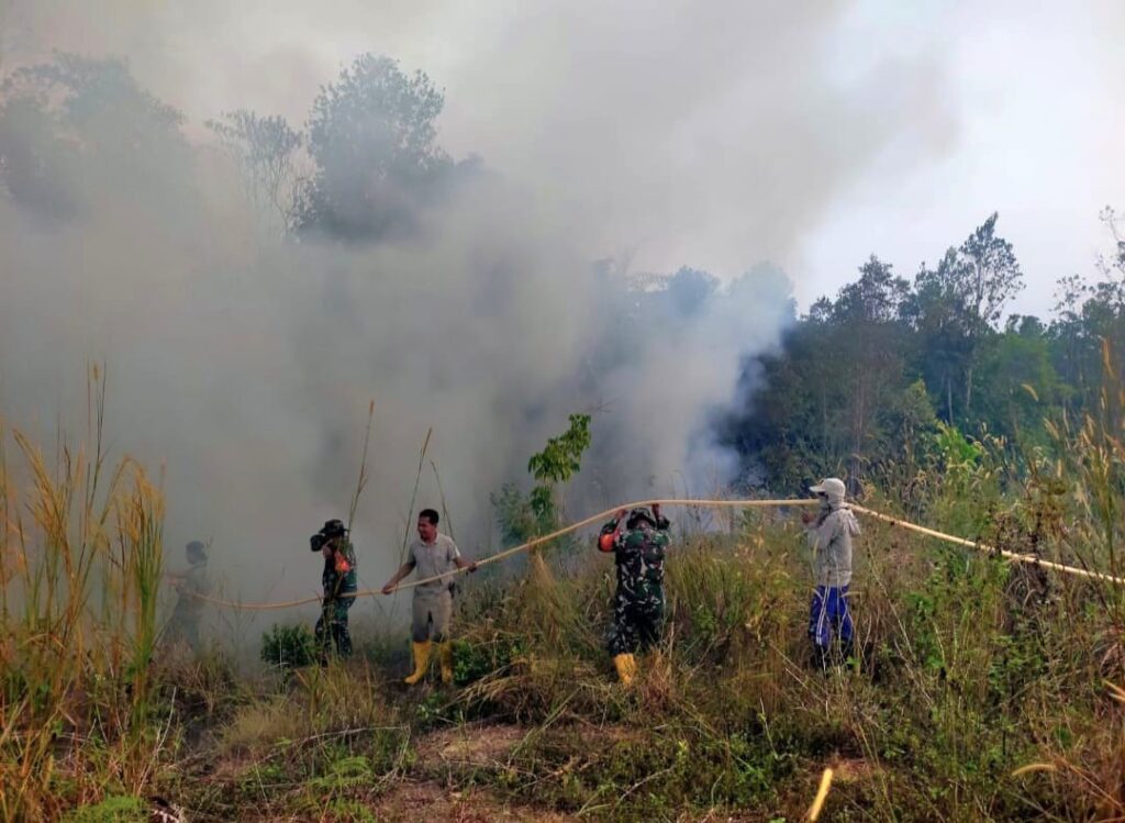 Babinsa Koramil 02/Bintan Timur, Damkar dan Warga Padamkan Kebakaran Lahan di Cikolek