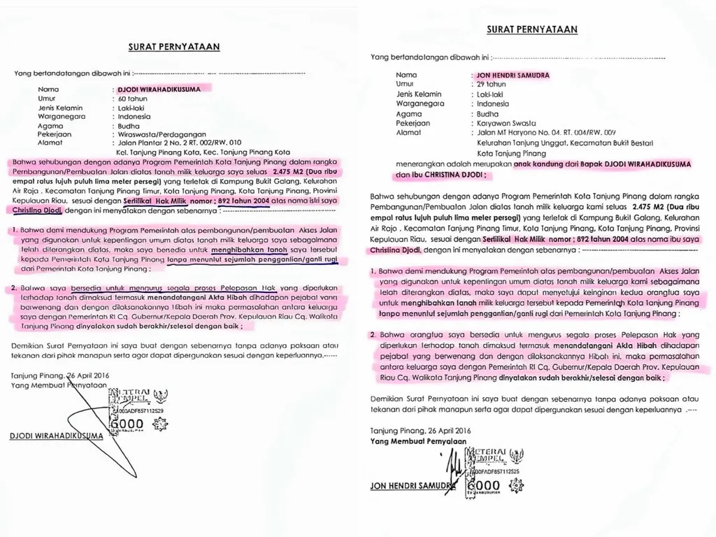 Pemko Tanjungpinang Sebut Miliki Surat Pernyataan Hibah Lahan atas Nama Christina Djodi